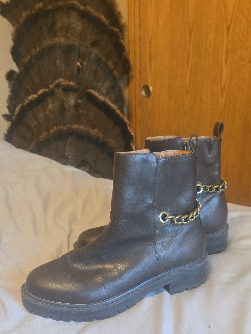 Brown Leather Chain-Accent Ankle Boots